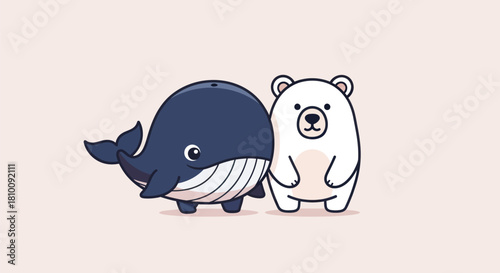 Cartoon whale and polar bear standing next to each other on a pink background