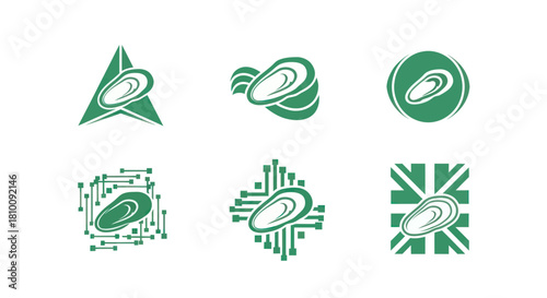 Six green graphic icons featuring an oval shape inside various designs, all on a white background