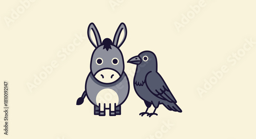 Cartoon donkey and crow, stylized in cool gray tones, stand side-by-side on a light cream backdrop
