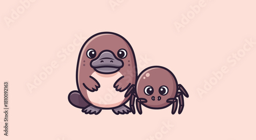 A cartoon platypus and spider, brown and cute, stand side-by-side on a pink backdrop