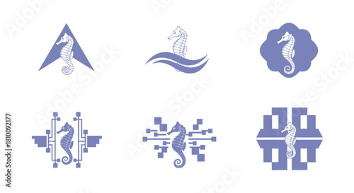 Six blue seahorse logo designs. Various designs include shapes, waves, and geometric elements