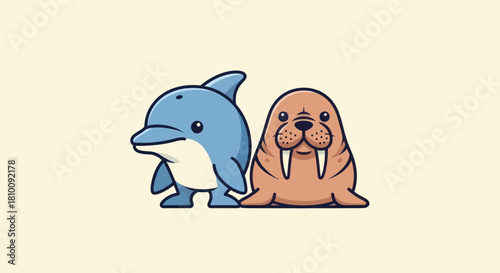 A cartoon dolphin and walrus stand together, facing the viewer on a simple background