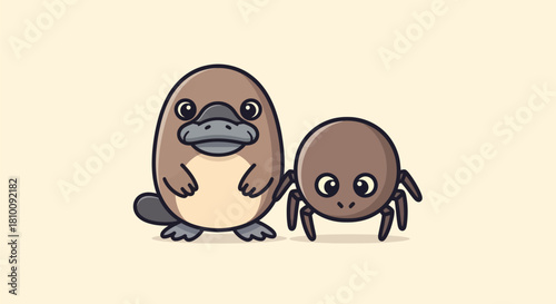 Cute cartoon image with a smiling platypus and a smiling spider side-by-side