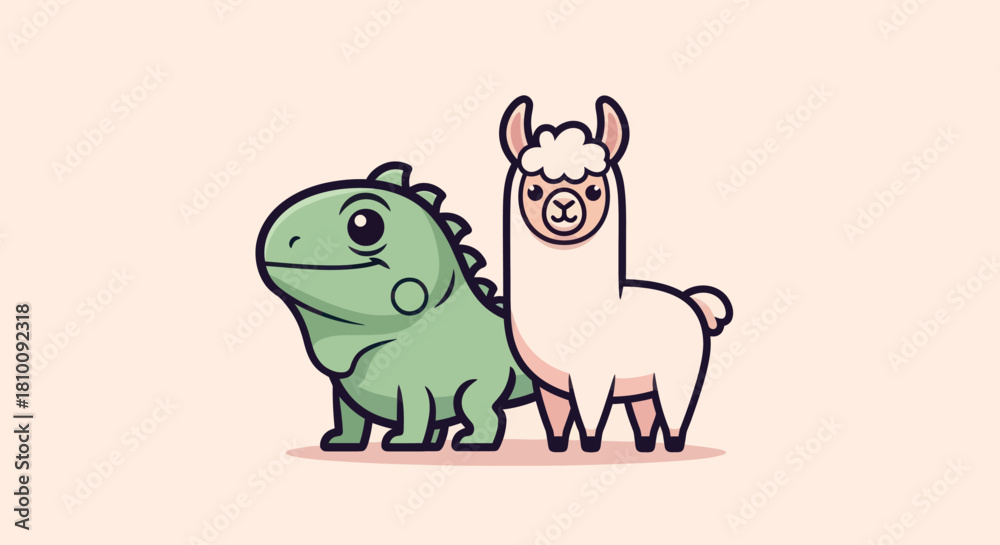 Fototapeta premium Cartoon illustration featuring a green lizard-like creature and a white llama-like animal