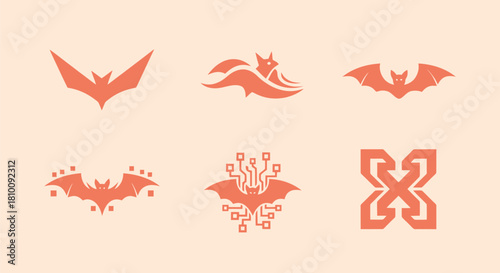Six minimalist designs on a light background, featuring a bat, a fox, and an abstract shape
