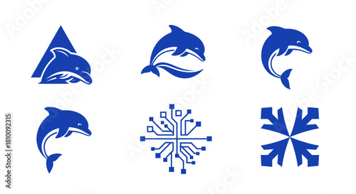 Six blue logos on white, featuring dolphins, circuit board, and a snowflake