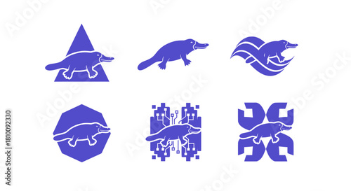 A collection of six blue icons featuring a platypus in various geometric and abstract designs