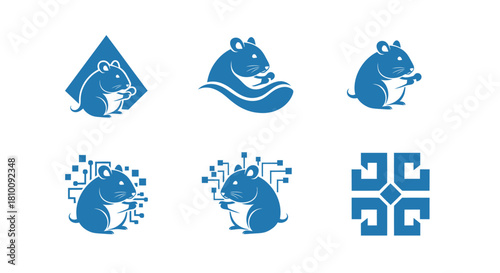 Six stylized hamster icons in blue on white background. Varying poses, some with tech elements