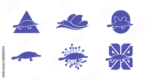 Six purple logos featuring a platypus in various designs on a white background