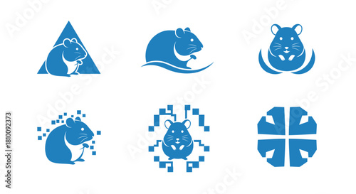 Blue-hued hamster illustrations in various designs, including shapes and pixelated elements