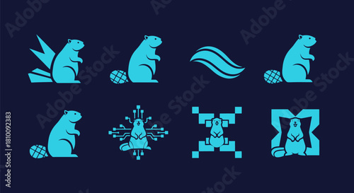Blue icons of beavers in various poses, including with waves, tech, and geometric elements