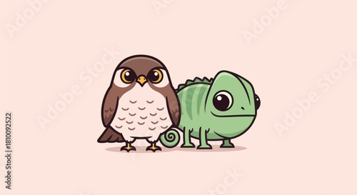 A cartoon owl and chameleon stand together, facing the viewer on a pale pink backdrop