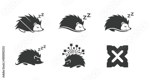 Six gray illustrations of hedgehogs, some sleeping, one with tech, and an X shape