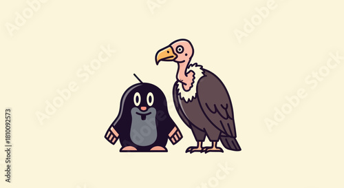 Cartoon illustration featuring a mole and a vulture on a cream background