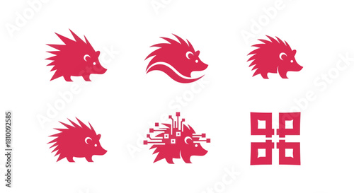 Six minimalist illustrations of a hedgehog in various designs, all in a red-pink color