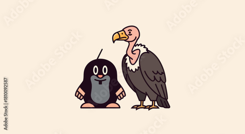 A cartoon mole and a vulture stand side-by-side against a beige background