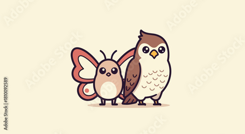 A cartoon-style image of a butterfly and a bird standing together, looking forward
