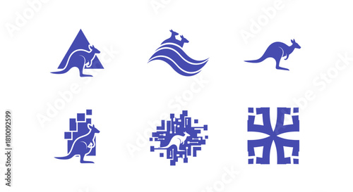Six blue kangaroo logo designs on white background, various styles geometric, tech, and natural