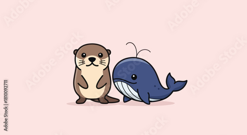 Cute cartoon otter stands beside cartoon blue whale on a pastel pink background
