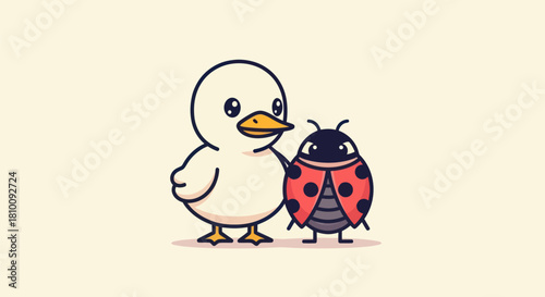 A friendly duck and a ladybug stand close on a light background