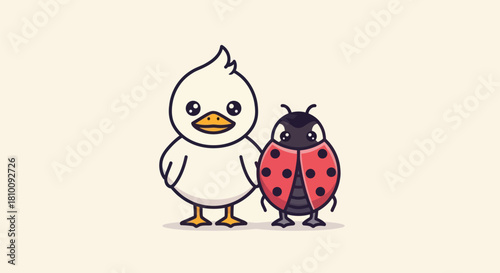 A cheerful duckling and ladybug stand together, smiling, set against a creamy background