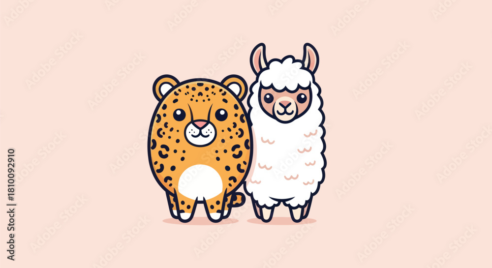 Obraz premium Cute, round cartoon cheetah and alpaca stand together on a pink background
