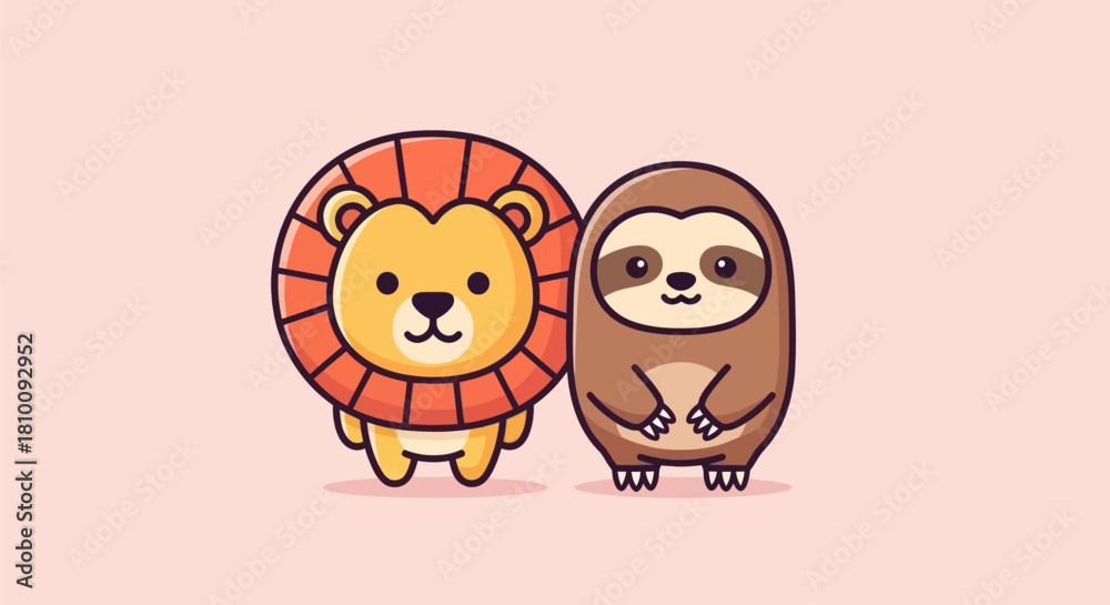 Naklejka premium Cartoon illustration of a lion and sloth standing together on a pink background