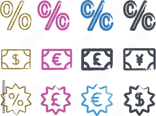 Hand Drawn Finance and Discount Icons – Percentage Signs, Currency Bills and Sale Badges