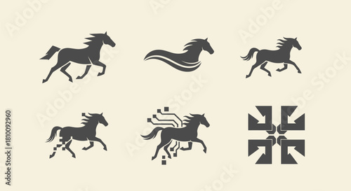 Six minimalist logos. Five horse silhouettes in motion, plus an arrow icon