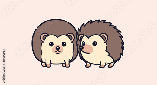 Two cartoon hedgehogs with brown spikes and tan bellies side-by-side on a pink background