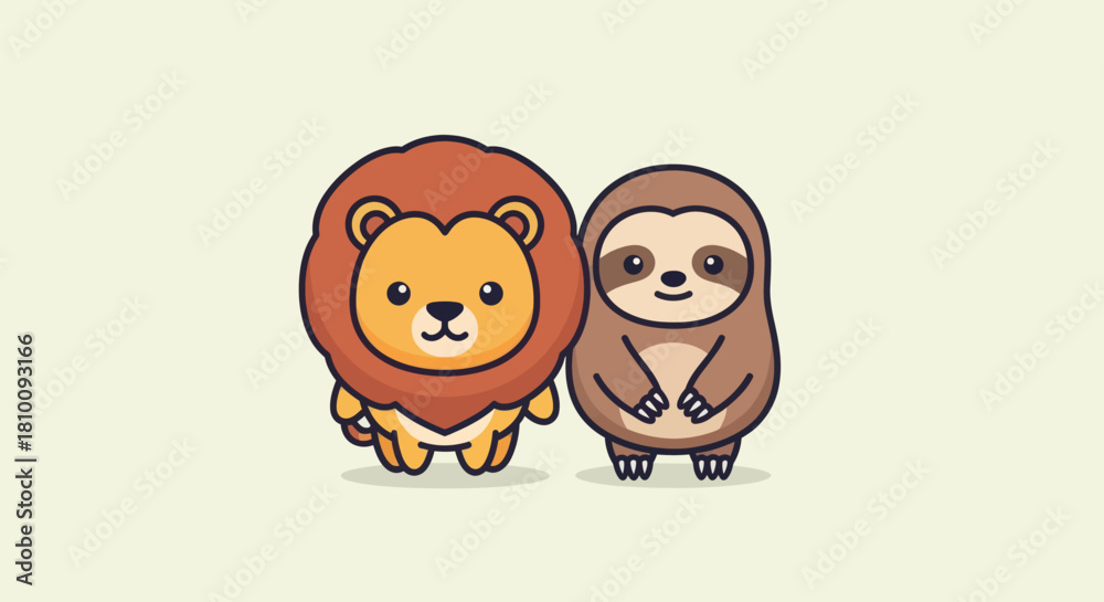 Obraz premium Cute illustration of a lion and sloth standing together on a neutral background