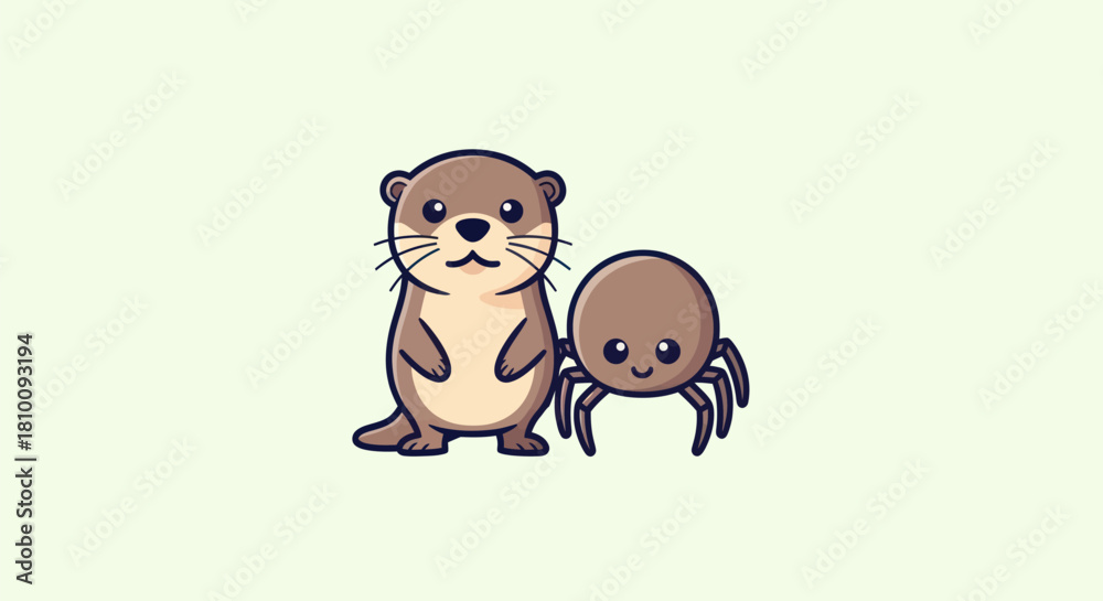 Obraz premium A cute otter and spider cartoon stand close against a plain, off-white background