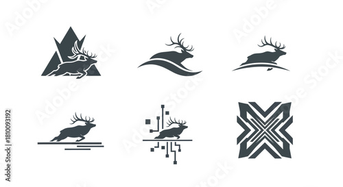 Six minimalist illustrations of stags, incorporating nature, technology, and geometric design