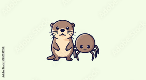 A cute otter and spider cartoon stand close against a plain, off-white background