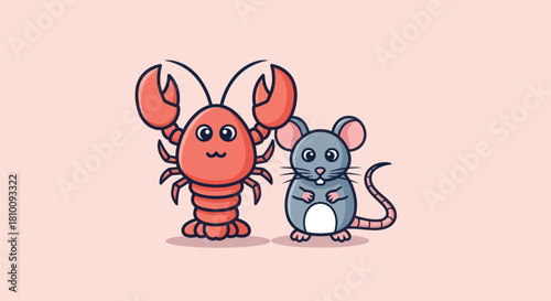 Illustration of a red cartoon lobster and a gray cartoon mouse standing on pink background