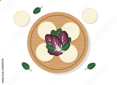 Hand‑drawn vector illustration of dim sum, featuring Malaysian dumplings from a top view, Asian food with basil leaves in a bamboo plate set against a white background, depicting realistic Malaysian