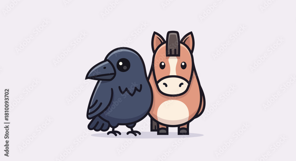 Fototapeta premium A cartoon raven and horse, in a cute style, standing together against a light background