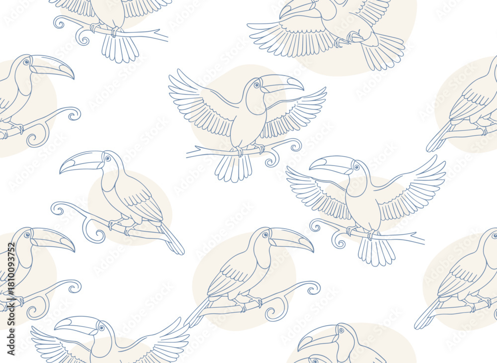 Obraz premium A stunning tropical seamless pattern featuring various exotic birds perched on tree branches and soaring against a white backdrop, rendered as a monochrome vector illustration suitable for wallpaper
