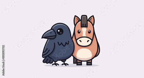 A cartoon raven and horse, in a cute style, standing together against a light background