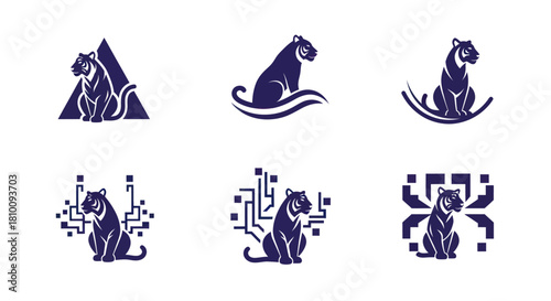 Six dark blue tiger illustrations in various poses with different backgrounds, all on white