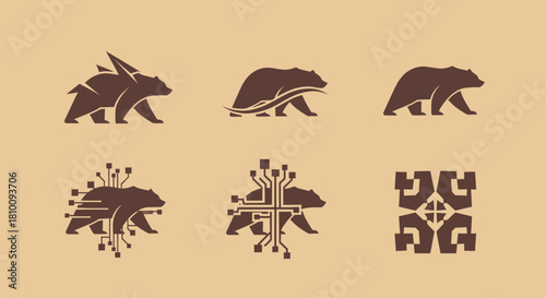 Six brown bear icons in various designs on a light brown background