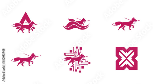 Six magenta fox logos carrying sticks, set against white. Styles vary initial, waves, circuit, and symbol