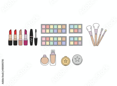 A collection of colorful vector hand‑drawn illustrations featuring a fashion cosmetics set with makeup artist items
