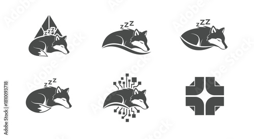 Six grayscale logos featuring a fox in different poses, some with sleeping symbols and circuitry