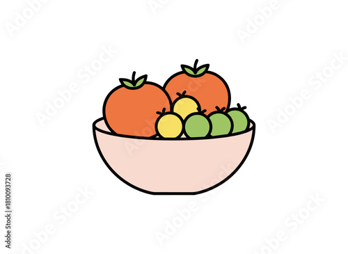 A bowl of fresh tomatoes, ripe and healthy farm-grown vegetables with leaf pedicels, raw ingredients for salad, organic harvest, vitamin-rich veggies, depicted as a flat vector illustration on a