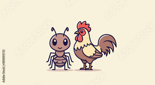 A cartoon ant stands near a cartoon rooster on a cream background