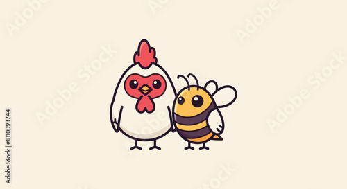 A cartoon chicken and bee stand close together, colored in simple vector art style