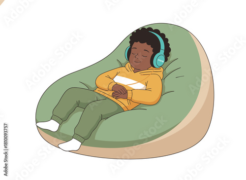 A sleeping baby in a child car seat secured with a safety belt, a cute black child passenger seated in a protective chair, safeguarded during road travel, depicted as a flat vector illustration on a