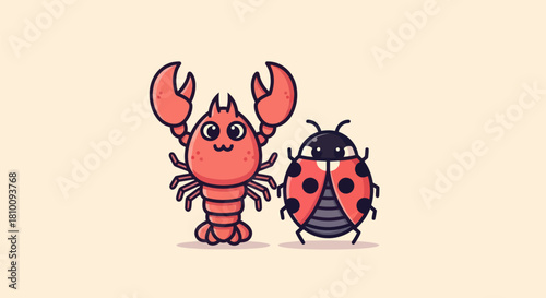 Cartoon lobster and ladybug characters standing together on a solid beige background