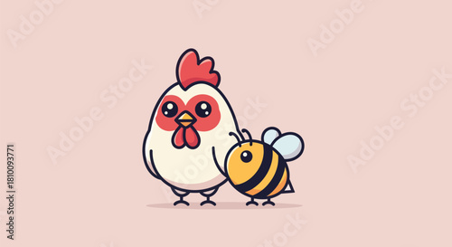 Cartoon depiction of a chicken and a bee on a pink background